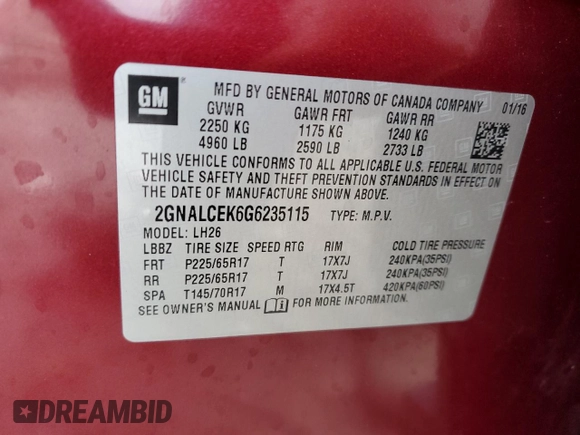 2016 Chevrolet Equinox LT with VIN 2GNALCEK6G6235115, listed as a Copart auction lot 54173885 with 98,100 mi miles and Non Repairable. Bid and sale history available at carsss.com. Image 13.