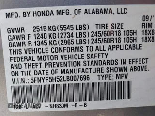 2020 Honda Pilot EX-L z VIN 5FNYF5H52LB007696, wystawiony jako IAAI lot #42065587 z przebiegiem 74 781 mil mil oraz . Historia ofert i sprzedaży dostępna na DreamBid. Obrazek 9.