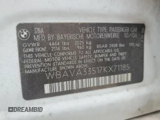 2007 BMW 3 Series 328i with VIN WBAVA33517KX71185, listed as a Copart auction lot 53839015 with Not provided miles and Salvage title. Bid and sale history available at DreamBid. Image 12.
