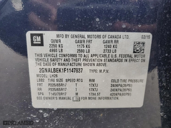 2015 Chevrolet Equinox LT with VIN 2GNALBEK1F1147837, listed as a Copart auction lot 52707055 with 138,138 mi miles and Clean Title. Bid and sale history available at carsss.com. Image 13.