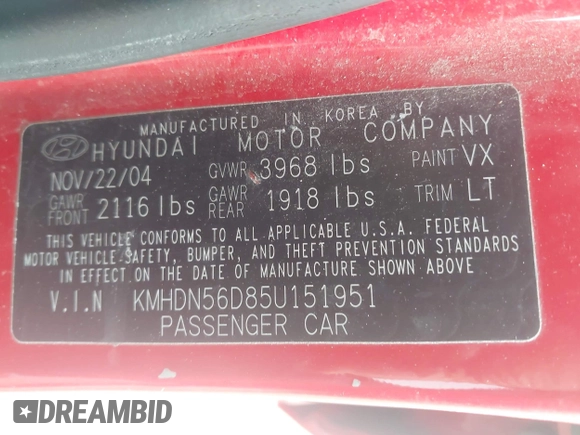 2005 Hyundai Elantra GLS с VIN KMHDN56D85U151951, выставлен на аукционе IAAI как лот 41903925 с пробегом 246 891 миль миль и . История ставок и продаж доступна на DreamBid. Изображение 9.