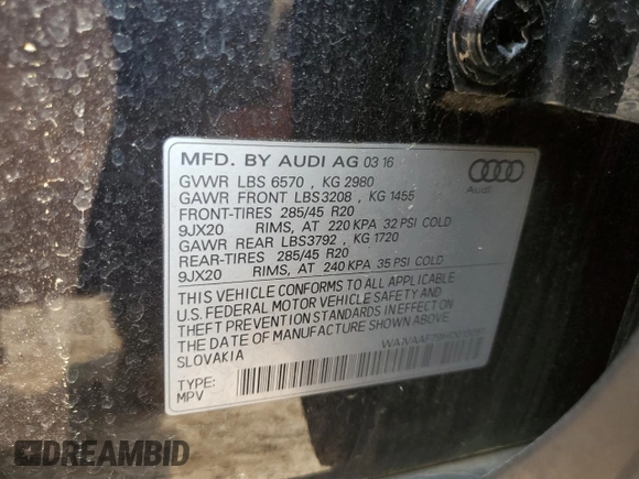 2017 Audi Q7 Prestige z VIN WA1VAAF79HD013051, wystawiony jako Copart lot #58594005 z przebiegiem 82 158 mil mil oraz Czysty tytuł • Clean title. Historia ofert i sprzedaży dostępna na DreamBid. Obrazek 13.