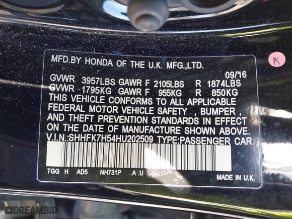 2017 Honda Civic Hatchback EX with VIN SHHFK7H54HU202509, listed as a IAAI auction lot 41448832 with NaN miles. Bid and sale history available at carsss.com. Image 9.