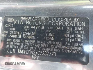 2012 Kia Sportage LX with VIN KNDPB3A2XC7287773, listed as a IAAI auction lot 42139714 with 192,880 mi miles. Bid and sale history available at carsss.com. Image 9.