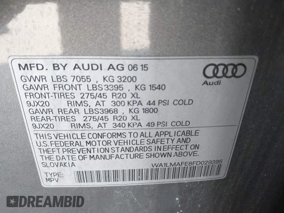 2015 Audi Q7 Premium Plus with VIN WA1LMAFE8FD029395, listed as a IAAI auction lot 41272971 with 110,525 mi miles and . Bid and sale history available at DreamBid. Image 9.