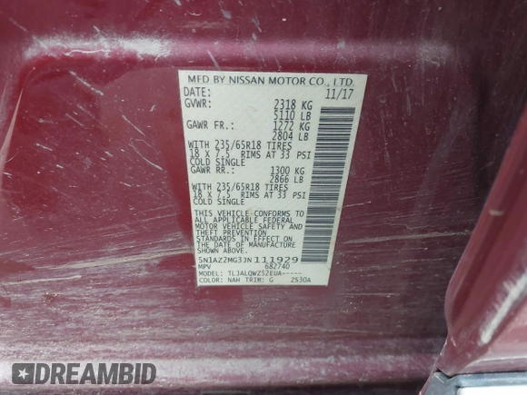 2018 Nissan Murano S z VIN 5N1AZ2MG3JN111929, wystawiony jako IAAI lot #41088425 z przebiegiem 211 841 mil mil oraz . Historia ofert i sprzedaży dostępna na DreamBid. Obrazek 9.