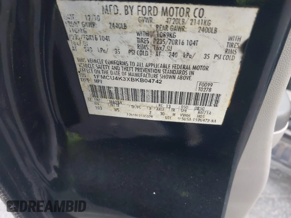 2011 Ford Escape Hybrid with VIN 1FMCU4K3XBKB04742, listed as a IAAI auction lot 40557688 with 258,767 mi miles and . Bid and sale history available at DreamBid. Image 9.