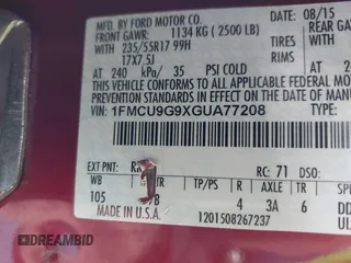 2016 Ford Escape SE with VIN 1FMCU9G9XGUA77208, listed as a IAAI auction lot 41666260 with 91,911 mi miles. Bid and sale history available at carsss.com. Image 9.