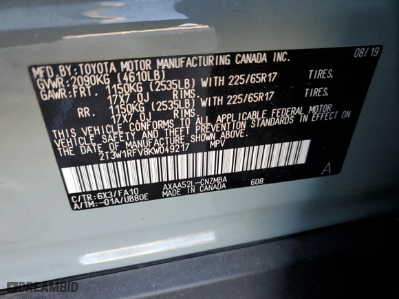 2019 Toyota RAV4 XLE with VIN 2T3W1RFV8KW049217, listed as a Copart auction lot 45688475 with NaN miles and Salvage Title. Bid and sale history available at carsss.com. Image 16.