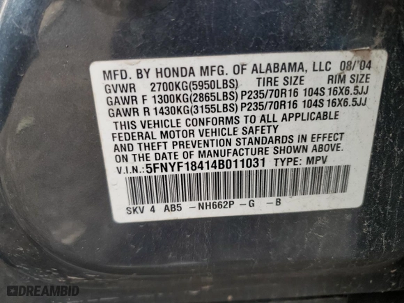2004 Honda Pilot EX with VIN 5FNYF18414B011031, listed as a Copart auction lot 51757545 with 0 mi miles and Salvage Title. Bid and sale history available at carsss.com. Image 13.