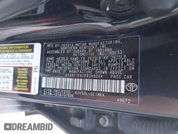 2014 Toyota Camry L with VIN 4T4BF1FK7ER349244, listed as a IAAI auction lot 42040599 with 186,545 mi miles. Bid and sale history available at carsss.com. Image 9.