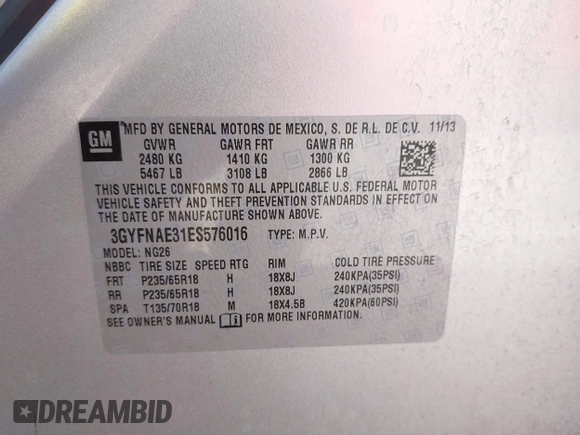 2014 Cadillac SRX with VIN 3GYFNAE31ES576016, listed as a IAAI auction lot 42130992 with 160,114 mi miles and . Bid and sale history available at DreamBid. Image 9.
