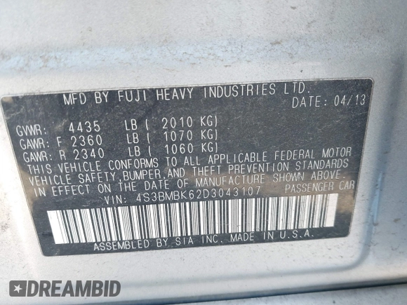 2013 Subaru Legacy Limited with VIN 4S3BMBK62D3043107, listed as a IAAI auction lot 41818851 with 251,660 mi miles and . Bid and sale history available at DreamBid. Image 9.