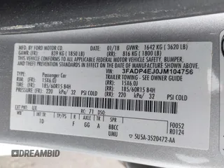 2018 Ford Fiesta SE with VIN 3FADP4EJ0JM104756, listed as a IAAI auction lot 41679507 with 80,553 mi miles. Bid and sale history available at carsss.com. Image 9.