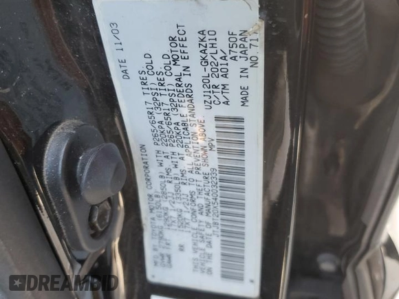2004 Lexus GX 470 z VIN JTJBT20X540032339, wystawiony jako Copart lot #45996835 z przebiegiem 207 336 mil mil oraz Szkoda całkowita • Salvage title. Historia ofert i sprzedaży dostępna na DreamBid. Obrazek 15.