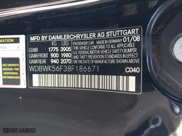 2008 Mercedes-Benz SLK-Class 3.5L with VIN WDBWK56F38F186671, listed as a IAAI auction lot 41530919 with 115,567 mi miles. Bid and sale history available at carsss.com. Image 9.