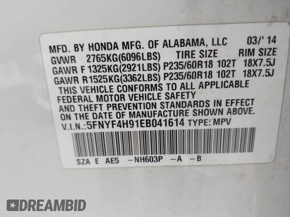 2014 Honda Pilot Touring with VIN 5FNYF4H91EB041614, listed as a IAAI auction lot 42050405 with 158,236 mi miles and . Bid and sale history available at DreamBid. Image 9.
