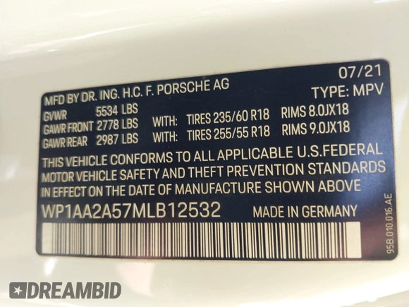 2021 Porsche Macan with VIN WP1AA2A57MLB12532, listed as a IAAI auction lot 42062232 with 42,417 mi miles and . Bid and sale history available at DreamBid. Image 9.