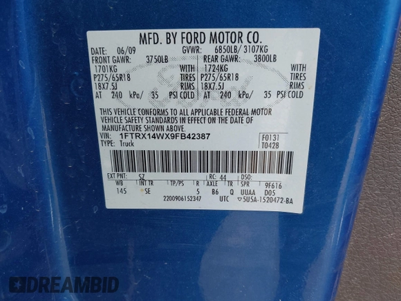 2009 Ford F-150 STX with VIN 1FTRX14WX9FB42387, listed as a IAAI auction lot 41972784 with 212,781 mi miles. Bid and sale history available at carsss.com. Image 9.