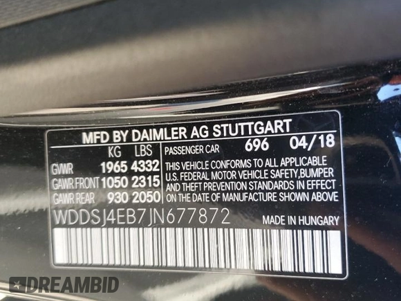 2018 Mercedes-Benz CLA with VIN WDDSJ4EB7JN677872, listed as a Copart auction lot 38463153 with 52,978 mi miles. Bid and sale history available at carsss.com. Image 12.