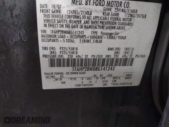 2008 Ford Taurus Limited with VIN 1FAHP28W08G141243, listed as a IAAI auction lot 41327967 with 157,482 mi miles. Bid and sale history available at carsss.com. Image 9.