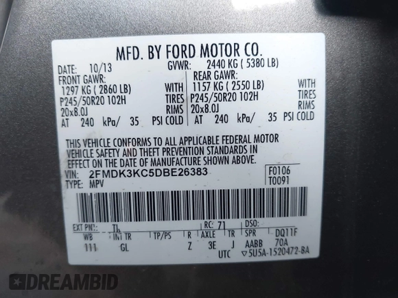 2013 Ford Edge Limited with VIN 2FMDK3KC5DBE26383, listed as a IAAI auction lot 42530737 with 184,957 mi miles and . Bid and sale history available at DreamBid. Image 9.