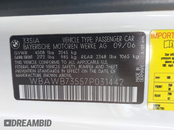 2007 BMW 3 Series 335i with VIN WBAWB73557P031442, listed as a IAAI auction lot 42123815 with Not Provided miles and . Bid and sale history available at DreamBid. Image 9.