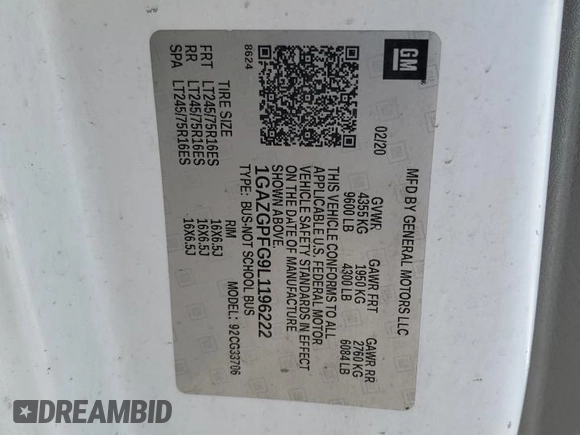 2020 Chevrolet Express Passenger LT z VIN 1GAZGPFG9L1196222, wystawiony jako Copart lot #55249105 z przebiegiem 153 568 mil mil oraz Szkoda całkowita • Salvage title. Historia ofert i sprzedaży dostępna na DreamBid. Obrazek 13.