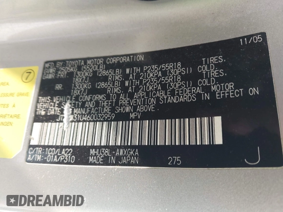 2006 Lexus RX 400h with VIN JTJHW31U460032959, listed as a IAAI auction lot 42382651 with 136,961 mi miles and . Bid and sale history available at DreamBid. Image 9.