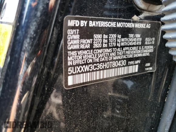 2017 BMW X4 xDrive28i with VIN 5UXXW3C36H0T80430, listed as a Copart auction lot 52633503 with 77,138 mi miles. Bid and sale history available at carsss.com. Image 12.