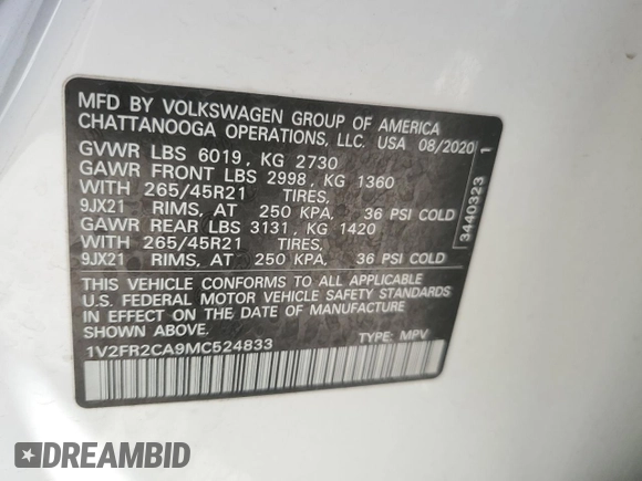 2021 Volkswagen Atlas SEL Premium R-Line with VIN 1V2FR2CA9MC524833, listed as a Copart auction lot 57441175 with 72,128 mi miles and Salvage title. Bid and sale history available at DreamBid. Image 14.