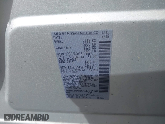 2018 Nissan Pathfinder SV with VIN 5N1DR2MM0JC662298, listed as a IAAI auction lot 42093409 with Not provided miles and . Bid and sale history available at DreamBid. Image 9.