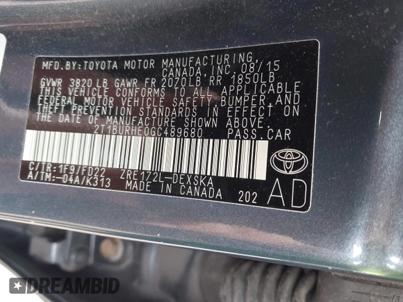2016 Toyota Corolla L z VIN 2T1BURHE0GC489680, wystawiony jako IAAI lot #42695349 z przebiegiem 100 380 mil mil oraz . Historia ofert i sprzedaży dostępna na DreamBid. Obrazek 9.