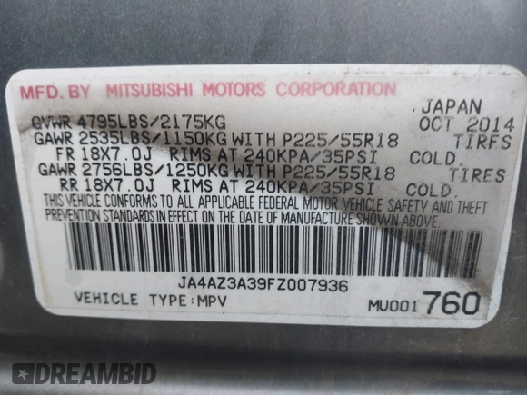 2015 Mitsubishi Outlander SE with VIN JA4AZ3A39FZ007936, listed as a IAAI auction lot 41003206 with 136,017 mi miles and . Bid and sale history available at DreamBid. Image 9.