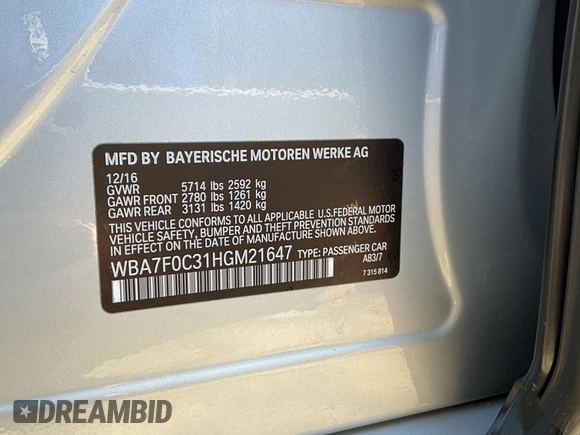2017 BMW 7 Series 750i с VIN WBA7F0C31HGM21647, выставлен на аукционе Copart как лот 48763345 с пробегом 27 590 миль миль и Чистый • Clean title. История ставок и продаж доступна на DreamBid. Изображение 10.