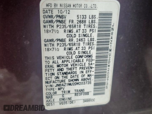 2013 Nissan Murano S with VIN JN8AZ1MU2DW203735, listed as a Copart auction lot 72191344 with 0 mi miles and Salvage Title. Bid and sale history available at carsss.com. Image 13.