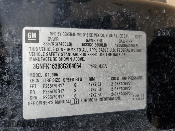 2008 Chevrolet Suburban LTZ z VIN 3GNFK16308G204064, wystawiony jako Copart lot #54522915 z przebiegiem Nie podano mil oraz Szkoda całkowita • Salvage title. Historia ofert i sprzedaży dostępna na DreamBid. Obrazek 13.