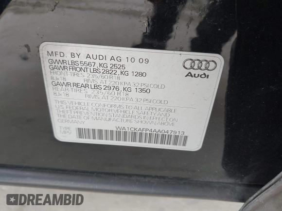 2010 Audi Q5 Premium с VIN WA1CKAFP4AA047913, выставлен на аукционе IAAI как лот 42528543 с пробегом 201 043 миль миль и . История ставок и продаж доступна на DreamBid. Изображение 9.