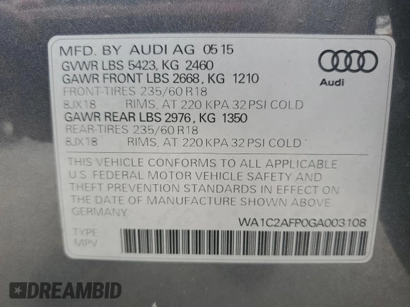 2016 Audi Q5 Premium with VIN WA1C2AFP0GA003108, listed as a Copart auction lot 63275655 with 72,181 mi miles and Salvage title. Bid and sale history available at DreamBid. Image 13.