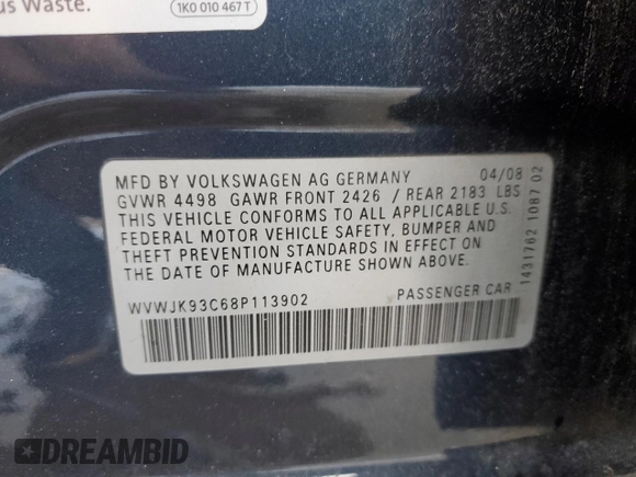 2008 Volkswagen Passat z VIN WVWJK93C68P113902, wystawiony jako Copart lot #48943705 z przebiegiem 143 032 mil mil oraz Szkoda całkowita • Salvage title. Historia ofert i sprzedaży dostępna na DreamBid. Obrazek 13.