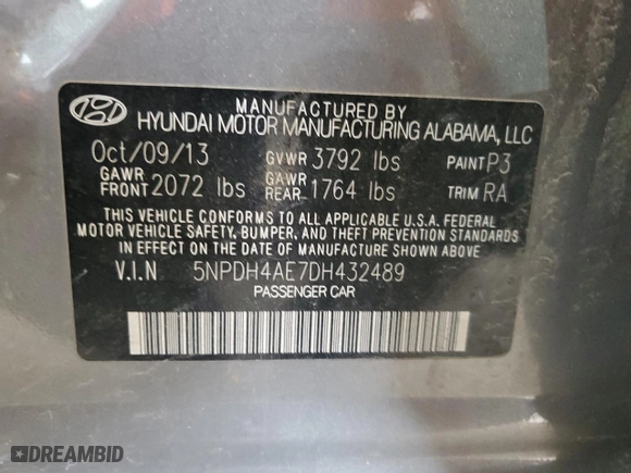 2013 Hyundai Elantra Limited PZEV with VIN 5NPDH4AE7DH432489, listed as a Copart auction lot 46464445 with 76,133 mi miles and Salvage Title. Bid and sale history available at carsss.com. Image 13.