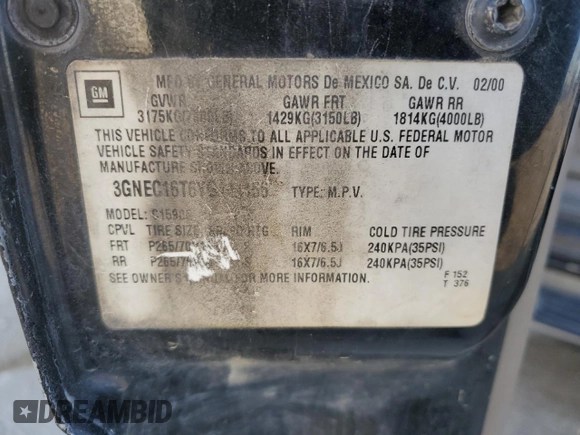 2000 Chevrolet Suburban LS with VIN 3GNEC16T6YG141156, listed as a Copart auction lot 75569064 with 246,247 mi miles and Salvage title. Bid and sale history available at DreamBid. Image 15.