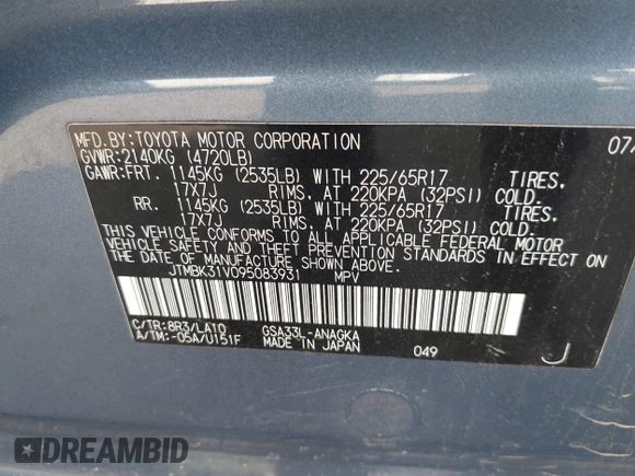 2009 Toyota RAV4 Ltd with VIN JTMBK31V095083931, listed as a IAAI auction lot 41767173 with 310,556 mi miles. Bid and sale history available at carsss.com. Image 9.