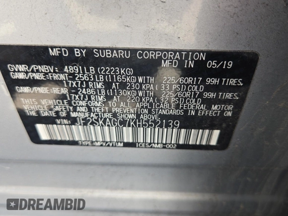 2019 Subaru Forester Premium with VIN JF2SKAGC7KH552139, listed as a IAAI auction lot 42566945 with 204,278 mi miles and . Bid and sale history available at DreamBid. Image 5.