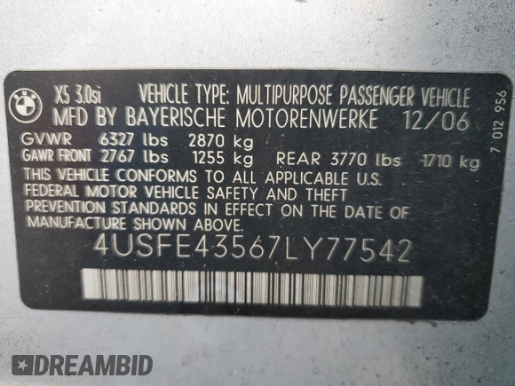 2007 BMW X5 3.0si with VIN 4USFE43567LY77542, listed as a Copart auction lot 48221585 with 166,414 mi miles and Salvage Title. Bid and sale history available at carsss.com. Image 14.