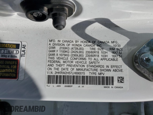 2020 Honda CR-V EX with VIN 2HKRW2H57LH690015, listed as a Copart auction lot 62112605 with 78,684 mi miles and Salvage title. Bid and sale history available at DreamBid. Image 14.