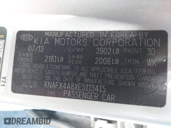 2014 Kia Forte EX with VIN KNAFX4A8XE5113415, listed as a IAAI auction lot 41841901 with Not Provided miles. Bid and sale history available at carsss.com. Image 9.