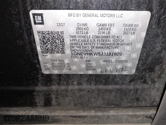 2018 Chevrolet Traverse LT Leather with VIN 1GNEVHKW5JJ181929, listed as a IAAI auction lot 41652641 with 150,423 mi miles. Bid and sale history available at carsss.com. Image 9.