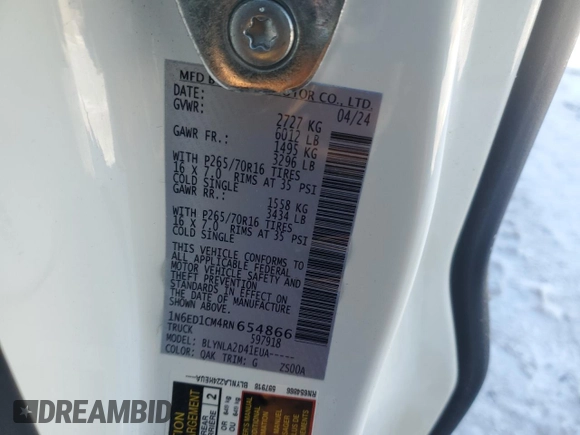 2024 Nissan Frontier S with VIN 1N6ED1CM4RN654866, listed as a Copart auction lot 42084015 with Not provided miles and Salvage title. Bid and sale history available at DreamBid. Image 14.