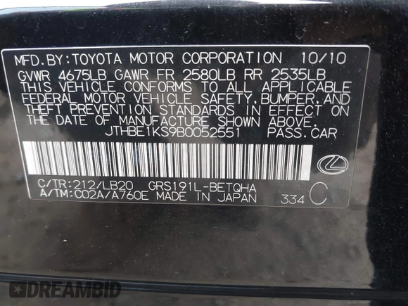 2011 Lexus GS 350 with VIN JTHBE1KS9B0052551, listed as a IAAI auction lot 41356122 with 150,937 mi miles. Bid and sale history available at carsss.com. Image 9.